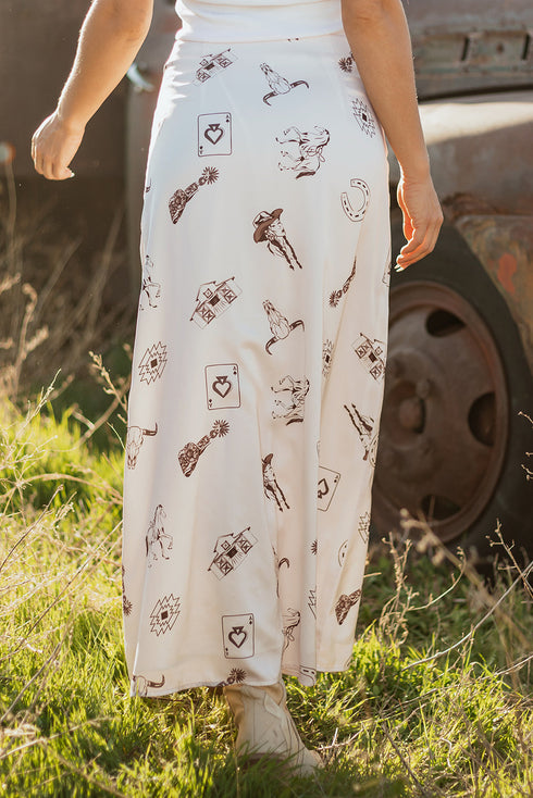 Western Desert Satin Long Skirt with Western Print
